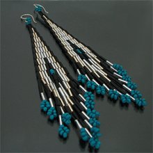 着用画像1: オリジナル ビーズ チマヨ柄 ターコイズブルー 大 ドロップタイプ/アメリカンタイプ ピアス