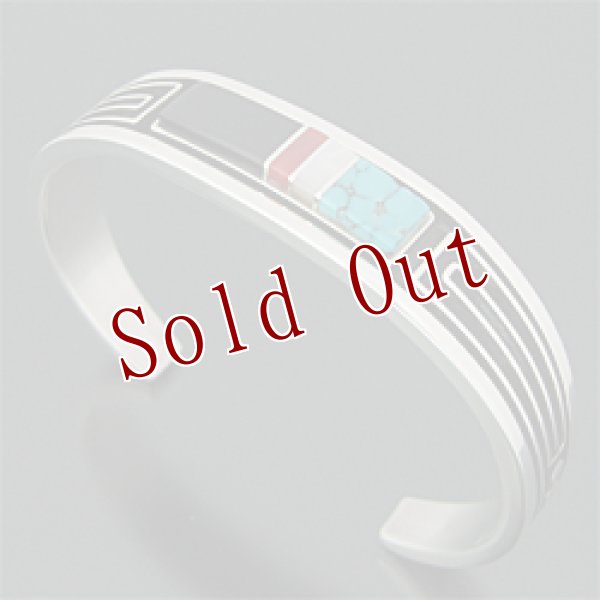 画像1: ナバホ族 Albert Nells オーバーレイ チャンネルインレイ バングル (1)