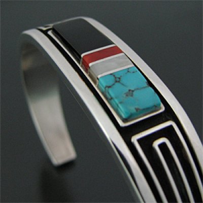 画像1: ナバホ族 Albert Nells オーバーレイ チャンネルインレイ バングル