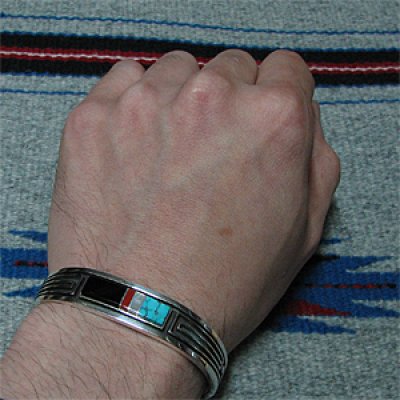 画像3: ナバホ族 Albert Nells オーバーレイ チャンネルインレイ バングル